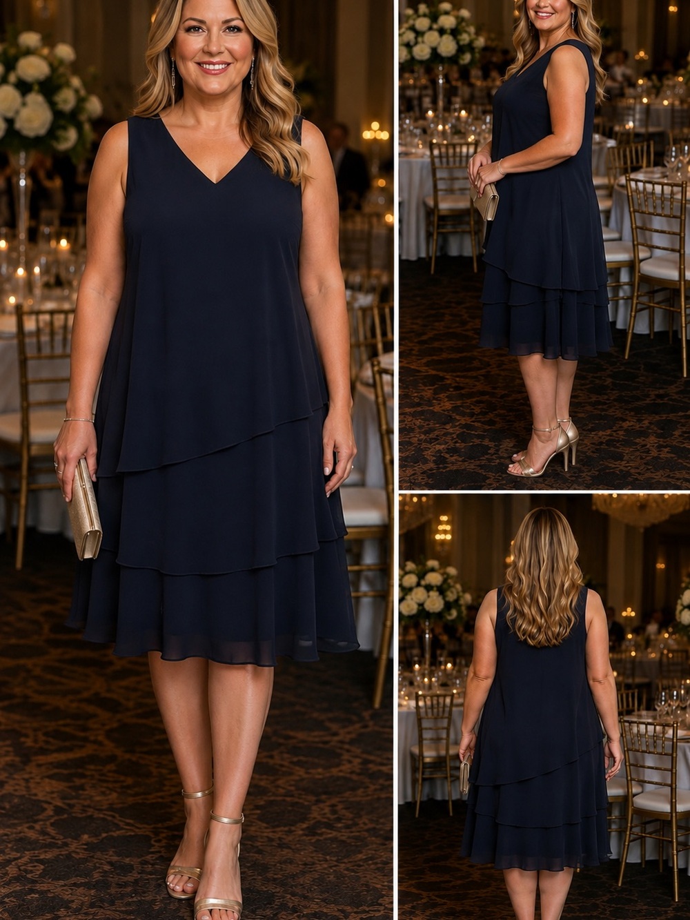 SLNY Navy Sleeveless Tiered Chiffon Midi Dress